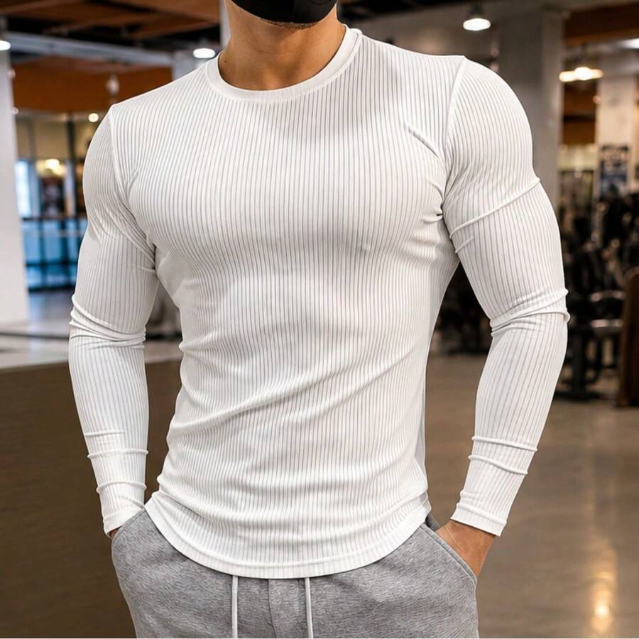 Men's American Ribbed Crew Neck Slim Fit Casual Long Sleeve T-Shirt With Stretch Knit Fabric. Suitable For All Ages, Including Regular Fit, Father's Day, Mother's Day, New Year's, And Spring Festivals. - 白色 - 查看 1