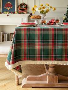 1 pieza Mantel de mesa con borlas para Navidad, mantel rectangular de cuadros vintage americano para mesa de comedor, mantel de mesa de café con ambiente fotogénico, lavable, adecuado para cocina, comedor, sala de estar, fiesta de vacaciones, casa de huéspedes - Verde - Ver 4