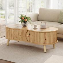 Pea-Shaped Coffee Table With Grooved Design, 2 Sliding Doors, Living Room Table, Wood Look, Solid Wood Legs, MDF Material - Natural Color - View 3
