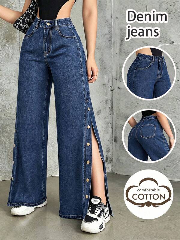Student-Friendly Versatile Autumn/Winter Retro Side Slit Button Flare Jeans Fall