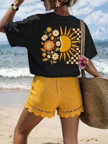 A Double-Sided Printed T-Shirt With A Floral And Sun Design By "Summer Vibe", Featuring A Round Neck And Short Sleeves, Ideal For Wearing In Spring. - Black - View 2