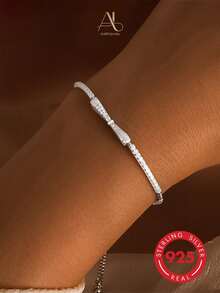 1pc 925 Sterling Silver Women's Silver Bow Full Rhinestone Adjustable Bracelet, Minimalist Luxury Couple Jewelry, Wedding Anniversary Gift Accessory - Silver - View 5