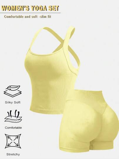 2 piezas Conjunto de yoga para mujer para exteriores, top de tirantes cruzados y shorts de cintura alta, ropa deportiva transpirable y de secado rápido adecuada para correr y senderismo