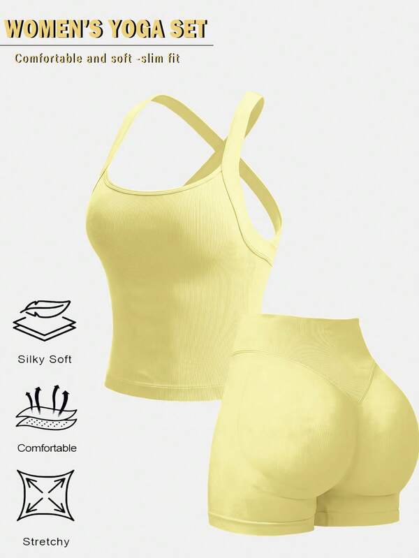 2 piezas Conjunto de yoga para mujer para exteriores, top de tirantes cruzados y shorts de cintura alta, ropa deportiva transpirable y de secado rápido adecuada para correr y senderismo