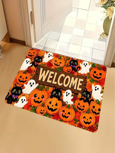 1pc 2D Halloween Theme "Welcome" Doormat, Machine Washable Easy To Clean Polyester Carpet, Suitable For Indoor And Outdoor Decoration (Entryway, Bedroom, Balcony), Perfect As A Gift Or Home Decor
