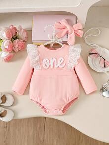 Baby Girl 2pcs Set Casual Cute Knitted Fleece Letter Embroidery Ruffle Bow Decor Bodysuit With Headband, Suitable For Daily Wear And Party - Pink - View 3