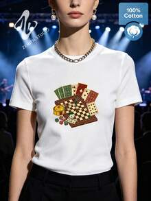 Classic Board Game Chess Playing Cards Graphic T-Shirt Unisex Leisure Aesthetic Cotton Tee - 白色 - 查看 3