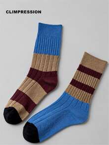 CLIMPRESSION Women's Colorblock Striped Boat Socks, Asymmetric Dual-Color Ribbed Knit Mid-Calf Socks, Fashion Contrast Toe Casual Cotton Socks - Blue - View 10