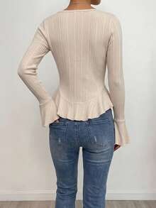 SanpChic Women's Autumn/Winter V-Neck Light Apricot Ruffle Hem Knit Cardigan, Slim Fit Flattering Flare Sleeve Crop Top, Versatile Inner Layer Suitable For Commuting, Dating, Outwear, Daily Wear, Photography, Gathering, Halloween Costume - Apricot - View 3