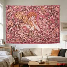 1pc Art Tapestry, Depicting Neoclassical Style Women And Floral Patterns, Available In Large Or Small Size, Pink Background With Delicate Floral Motifs, Suitable For Living Room, Meditation Space And Office Wall Decoration - Multicolor - View 4