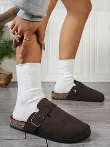 Vintage Women's Closed-Toe Slippers With Adjustable Metal Buckle, Soft Cork Sole Slip-On Mule Shoes For Multi-Season Outdoor Wear - Dark Brown Fleece Lining - View 4
