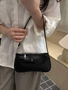 Bolso de hombro tipo baguette de unicolor con relieve de cocodrilo - Negro - Ver 7