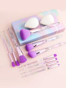 ronshadow 10pcs Gradient Transparent Ice Crystal Diamond Handle Makeup Brush Set With Makeup Sponge, Round Powder Brush, Angled Blush Brush, Large Foundation Brush, Small Eyeshadow Blending Brush, Detail Concealer Brush - Multicolor - View 10