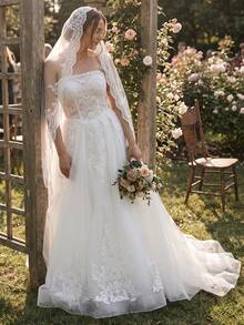 Elasola White Strapless Wedding Dress, Heavy Lace Sequin Mesh Full Skirt, Bridal Main Gown / Reception Dress, Veil Not Included Fall - White - View 4