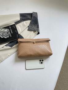 純色PU皮革輕量大容量翻蓋磁扣小方包，多功能派對與晚餐包，適合女性 - 卡其色 - 查看 3