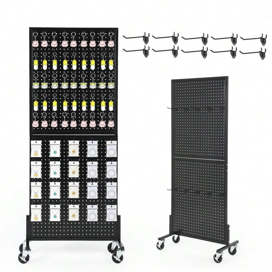 Techigher Mobile Metal Pegboard Display Stand On Wheels, Professional Perforated Panel Tool Organiser Rack With Hooks, Retail & Craft Storage, 61x152cm - Multicolor - View 1