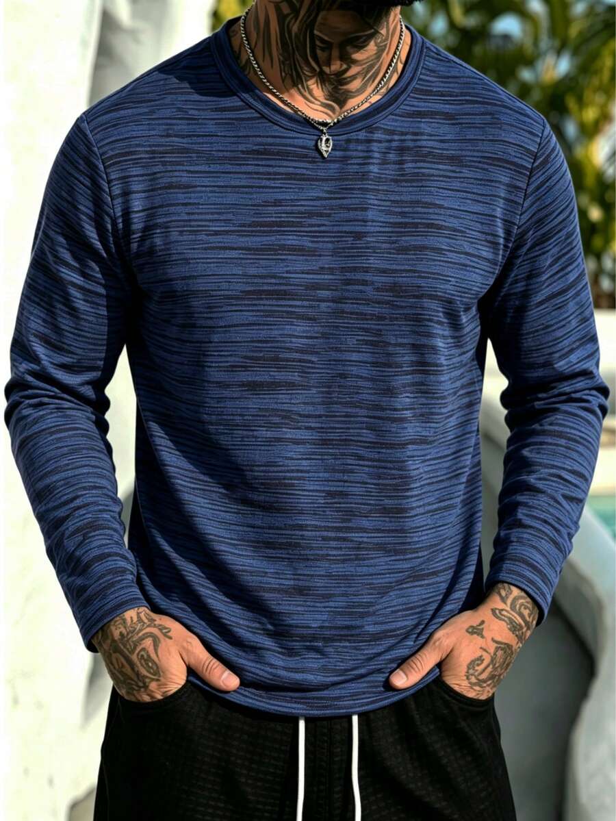 Men's Long Sleeve T-Shirt, Textured Design, Fitness Running Top - Blue - View 1