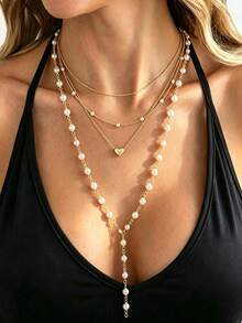 4 Peças Conjunto de Colar em Forma de Coração Vintage Elegante com Decote em Y para Mulheres, Adequado para Uso Diário, Encontros e Feriados - Ouro amarelo - Visão 2