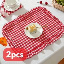 1pc/2pcs/6pcs Korean Style Plaid Placemats, Sweet Princess Style Candy Color Plaid Tablecloth With Ruffle Edge, Cute Food Plate Heat-Insulating Background Mat - Multicolor - View 9