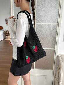 Casual Versatile Crochet Knit Large Capacity Shoulder Bag - Negro - Ver 7