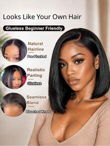 UNice 7x5 Bye Bye Knots Lace Front Wig Pre Cut Pre Plucked Bleached Knots Bob Wig Straight Hair With Drawstring Fit All Head Size Put On And Go Glueless Wig 150% Density Natural Black Color For Women Beginner Friendly - Natural Black - View 5