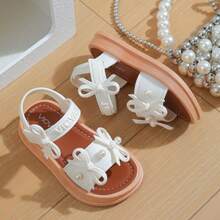 Caweiny Girls' Fashion Bow & Beaded Decor Thick Sole Sandals - Beige - View 8