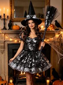 Juego de 3 piezas de disfraz de bruja de calabaza plateada de Halloween, incluye falda de malla estampada + escoba de bruja + sombrero puntiagudo, conjunto de vestido de pequeña bruja, adecuado para eventos de Halloween, fiestas temáticas, bailes de disfraces, actuaciones en el escenario, juegos de rol y disfraces - multicolor - Ver 1