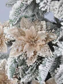 6/12/18/24pcs Artificial Christmas Flowers, Shiny Christmas Flowers, Suitable For Home, Wedding, Party, Christmas Tree Wreath DIY Holiday Decoration - Champagne Christmas Flower Head - View 2