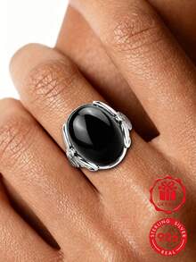 1pc S925 Sterling Silver Carved Synthetic Black Gemstone Ring, Perfect For Daily Wear And Anniversary Gift, Comes With Gift Box - Silver - View 7