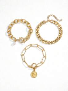 3Pcs Gold Chunky Chain Bracelet Set, Vintage OT Toggle Clasp Cuban Link Bracelet For Women Daily Party Jewelry Gift - Multicolor - View 6