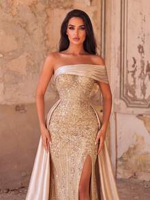Faeriesty Haute Glamour Off-Shoulder Sequin Evening Gown With High Slit And Satin Train Party Wedding Fall - Champagne - View 4