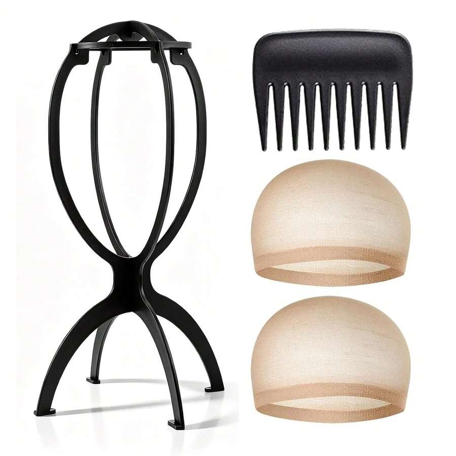 2 Sizes Optional Wig Display Stand Combo, Portable Wig Rack With Wig Caps & Detangling Comb For Wig Daily Care, Halloween - View 1