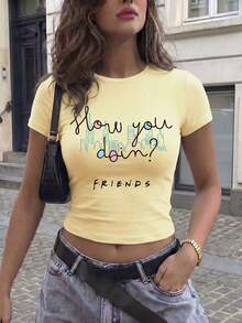 SHEIN X FRIENDS Summer Women's Short Sleeve T-Shirt With IP Print,Versatile Styling,Y2K&Retro Vibes. Casual - Yellow - View 2