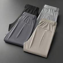 Ultra-Thin Elastic Men's Casual Trousers Summer Quick-Drying Ice Silk Slim Straight Business Solid Color Trousers Black Gray - Light Grey - View 5
