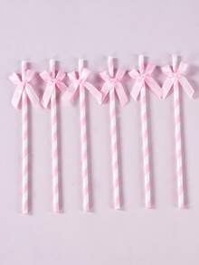 Pink Striped Satin Bow Paper Straws, Disposable Decorative Drinking Straws For Bridal Shower Birthday Wedding Party Table Supplies - Striped Bow Style - View 4