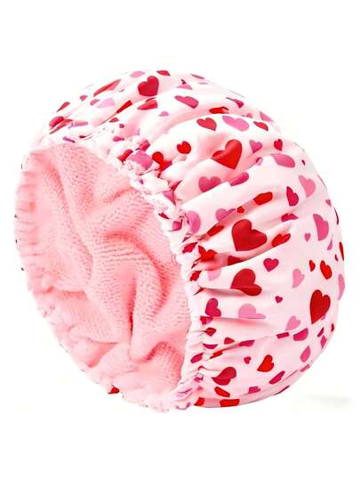 1PC Double Towel Material Lining/Reusable Bath Shower Cap/Elastic Hair Spa Salon Bath Cap/Hat/Madam Hair Braid Gift/Elder Parents Pink Love
