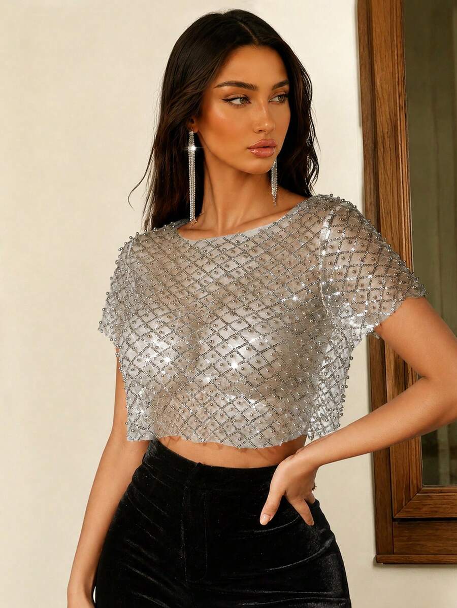Halloween Music Festival Shiny Sequin Pearl Beaded Mesh Sheer Crop Top For Nightclub Party (Bra Not Included) - Silver - View 1