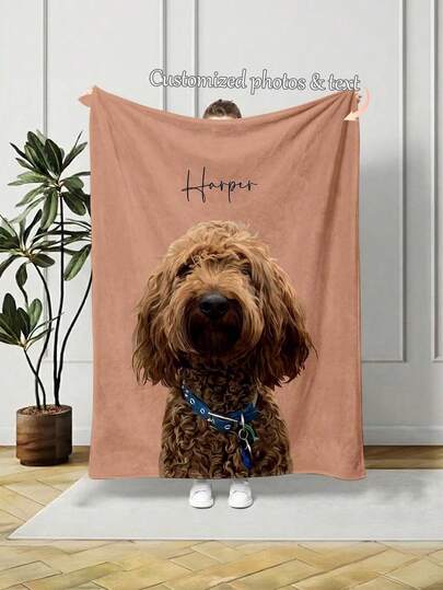 1 pieza Manta de franela y felpa de coral con estampado de retrato de mascota rizada y linda, unicolor, personalizable con foto de mascota y nombre escrito a mano, manta de aire acondicionado, manta de lanzamiento cálida, regalo conmemorativo creativo para el hogar, sala de estar, sofá, dormitorio, mesita de noche, decoración de oficina
