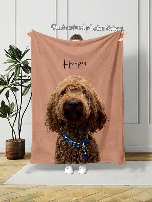 1pc Bean Paste Solid Color DIY Customizable Pet Photo Handwritten Name Flannel Coral Fleece Air Conditioning Blanket, Curly Cute Pet Portrait Print Warm Throw Blanket, Creative Memorial Gift For Home, Living Room, Sofa, Bedroom, Bedside, Office Decoration
