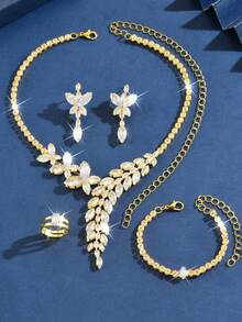 5pcs/Set Cubic Zirconia Exaggerated Heavy Work Wheat Ear Pendant Copper Inlaid High Quality Bridal Wedding Jewelry Set, Suitable For Bride Wedding, Birthday Party, Banquet, Ball - Gold - View 4