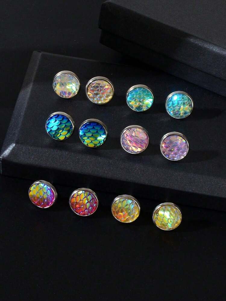 6對波希米亞風彩色魚鱗圖案幾何耳釘耳環套組，日常通勤辦公室飾品 - 彩色 - 查看 2