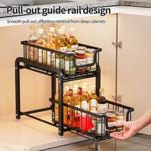 1pc Double Layer Black/White Kitchen Storage Rack, Under Sink Organizer, Multi-Compartment Drawer Storage Shelf, Suitable For Kitchen, Bathroom, Cabinet And More - View 2