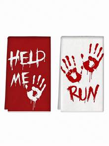 2pcs Halloween Hand Towels HELP ME, RUN, Scary Blood Handprint Design, Kitchen And Restaurant Decor, Outdoor Party Supplies, Suitable For Halloween Kitchen And Bathroom Decoration - Multicolor - View 8