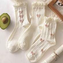 3 Pairs Mixed Style Women's Mid-Calf Socks, Featuring Fashionable Bows And Ditsy Floral Patterns. Delicate Sweet Style, Suitable For All Seasons Christmas Casual Socks - Crew Socks - View 5