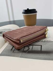 Portefeuille bifold matelassé brodé pour femmes avec poche zippée pour pièces, fentes pour cartes, porte-monnaie multifonction - Rose bonbon - Voir 7