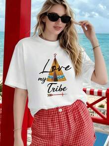 "Love My Tribe" T-Shirt For Women, Spring, Premium Material, Crew Neck, Comfortable Fit, Casual - White - View 6