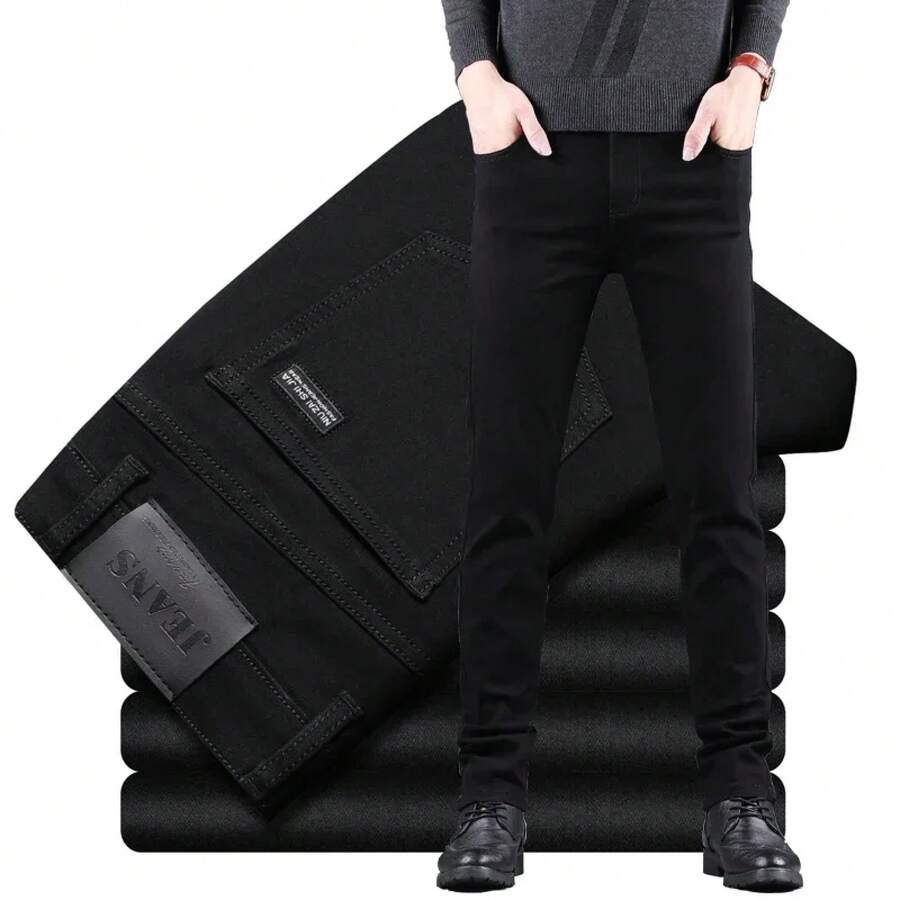 New Velvet Men's Pure Black Slim Fit Jeans With Elastic Straight Leg Pants, Business Fashion Casual Korean Version Retro Men's Denim Pants - 201JR-grey - View 1