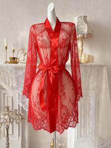 Spring/Summer Lace Trim Comfortable Soft Robe With Waist Tie For Women, All-Season Party Pajamas - Red - View 2