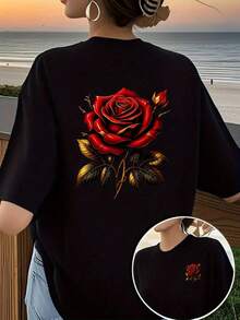 Bedrucktes T-Shirt mit Blumenmuster auf Vorder- und Rückseite, Rosenmuster, rotem Rosen-Print, Damen-Rundhals-Shirt mit kurzen Ärmeln,  und modischer Freizeitstil, doppelseitig bedrucktes Damen-Obertei - Schwarz - Übersicht 1
