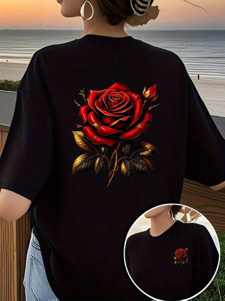 Bedrucktes T-Shirt mit Blumenmuster auf Vorder- und Rückseite, Rosenmuster, rotem Rosen-Print, Damen-Rundhals-Shirt mit kurzen Ärmeln,  und modischer Freizeitstil, doppelseitig bedrucktes Damen-Obertei - Schwarz - Übersicht 1